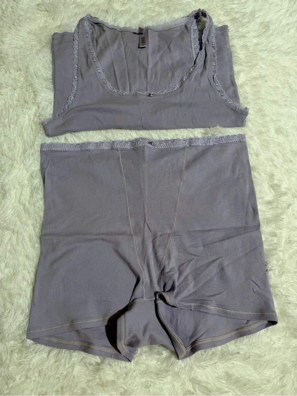 SKIMS 4X Matching Lace Pajama Set Pointelle Shorts Tank Top Lavender Purple Soft